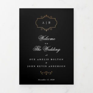 classic black gold crest tri-fold wedding program invitation