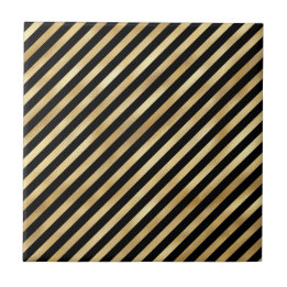 Classic Black Gold Diagonal Stripe Illustration Ceramic Tile