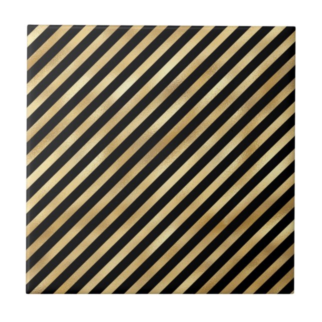 Classic Black Gold Diagonal Stripe Illustration Ceramic Tile (Front)