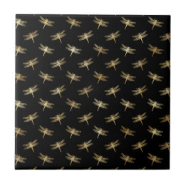 Classic Black Gold Dragonfly Illustration Ceramic Tile
