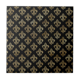 Classic Black Gold Fleur De Lis Illustration Ceramic Tile