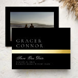 Classic Black Gold Foil Stripe Photo Save The Date<br><div class="desc">Classic Black Gold Foil Stripe Photo Save The Date. This card is part of a unique suite and collection.</div>