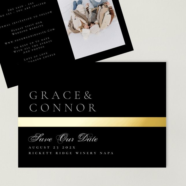 Classic Black Gold Foil Stripe Photo Save The Date (Creator Uploaded)