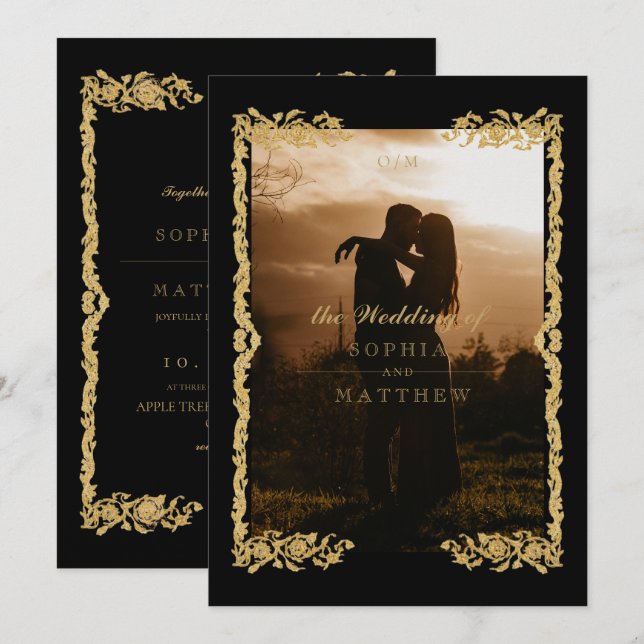 Classic Black Gold Frame⎮ Photo Wedding Invitation (Front/Back)