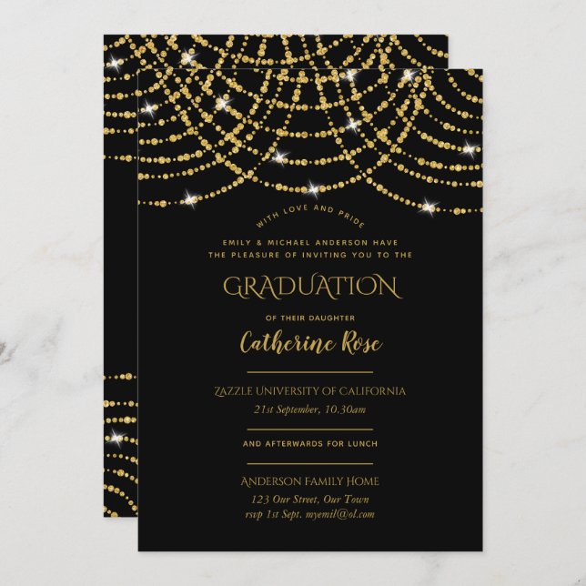Classic Black Gold Graduation Ceremony + Reception Invitation (Front/Back)