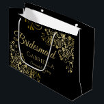 Classic Black & Gold Lace Elegant Bridesmaid Large Gift Bag<br><div class="desc">This beautiful gift bag is designed as a wedding gift or favour bag for Bridesmaids. It features an elegant black and gold design with golden lace frills in the corners the text "Bridesmaid" as well as a place to enter her name, the couple's name, and the wedding date. Fill with...</div>