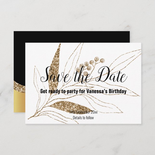 CLASSIC BLACK GOLD LEAF PRINT SAVE THE DATE RSVP CARD (Front/Back)
