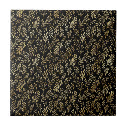 Classic Black Gold Leaves Illustration Ceramic Tile