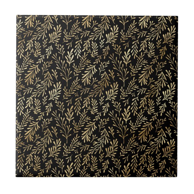 Classic Black Gold Leaves Illustration Ceramic Tile (Front)