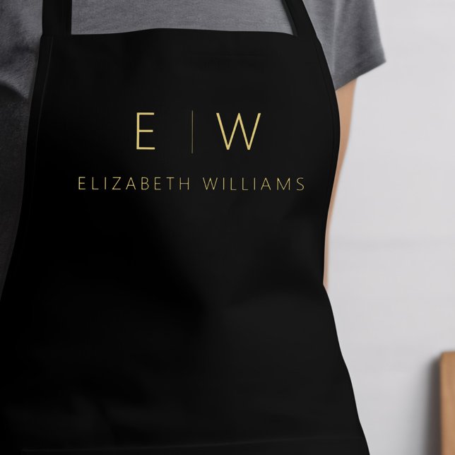 Classic Black Gold Minimalist Monogram Name Apron (Creator Uploaded)