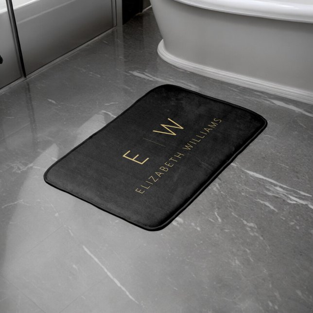 Classic Black Gold Minimalist Monogram Name Bath Mat (Creator Uploaded)