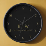 Classic Black Gold Minimalist Monogram Name Clock<br><div class="desc">Enhance your home decor with our Classic Elegant Modern Minimalist Monogram Wall Clock. This exquisite timepiece seamlessly combines timeless elegance with contemporary minimalism, elevating your living space to new levels of sophistication. Crafted with precision and meticulous attention to detail, this wall clock is more than just a functional accessory; it's...</div>