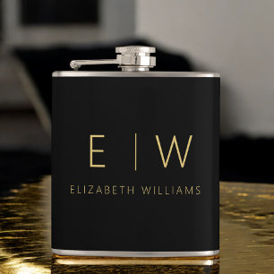 Classic Black Gold Minimalist Monogram Name Hip Flask