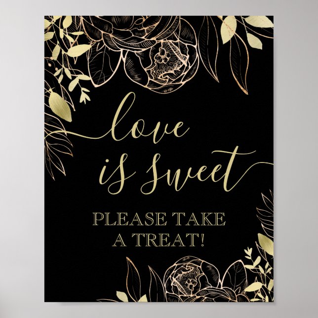 Classic Black & Gold Modern Floral Favour Table Poster (Front)