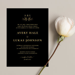 Classic Black Gold Monogram Crest Formal Wedding  Invitation