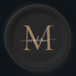 Classic Black Gold Monogram Modern Script Name Paper Plate<br><div class="desc">Simple Modern Black Gold Monogram Modern Feminine Script Name Paper Plate</div>