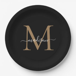 Classic Black Gold Monogram Modern Script Name Paper Plate
