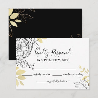 Classic Black & Gold Peony Floral Wedding RSVP Card