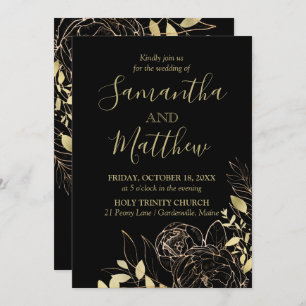 Classic Black & Gold Peony Modern Floral Wedding Invitation