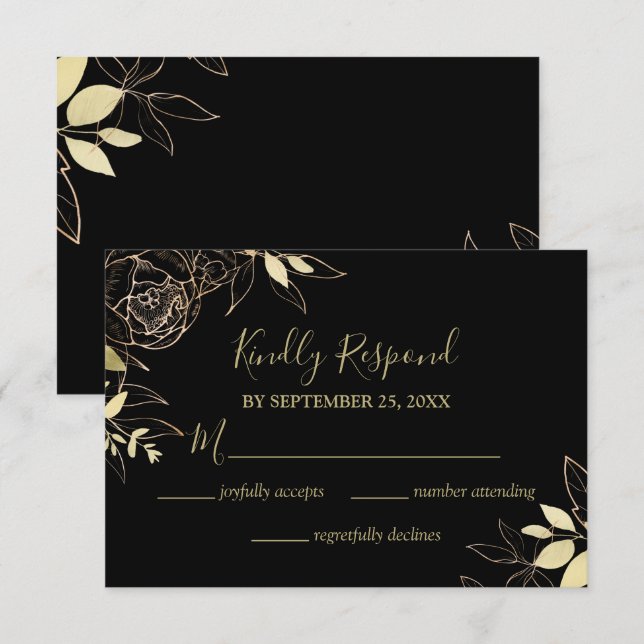 Classic Black & Gold Peony Modern Floral Wedding RSVP Card (Front/Back)