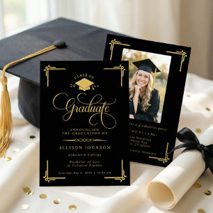 Classic Black Gold Photo Graduation Invitation