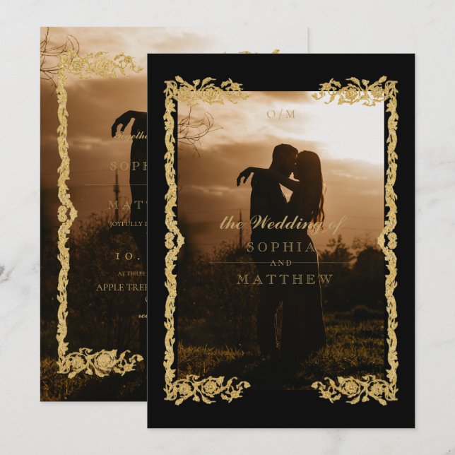Classic Black Gold Photo Wedding Invitation (Front/Back)