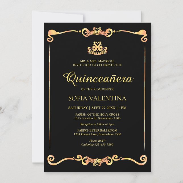 Classic Black Gold Quinceanera Invitation (Front)