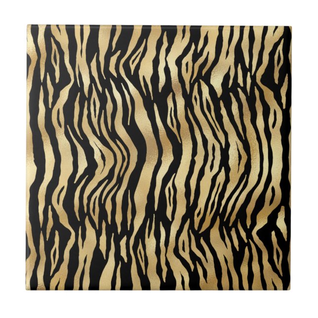 Classic Black Gold Zebra Animal Print Illustration Ceramic Tile (Front)