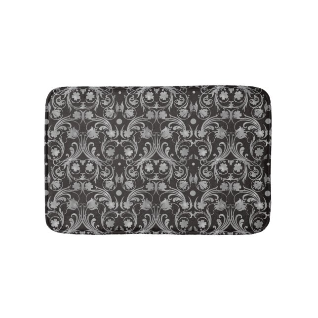 Classic Black & Grey Damask Pattern Bath Mat (Front)