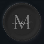 Classic Black Grey Monogram Modern Script Name Paper Plate<br><div class="desc">Simple Modern Black Grey Monogram Modern Feminine Script Name Paper Plate</div>