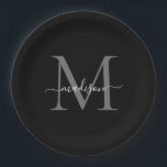 Classic Black Grey Monogram Modern Script Name Paper Plate<br><div class="desc">Simple Modern Black Grey Monogram Modern Feminine Script Name Paper Plate</div>