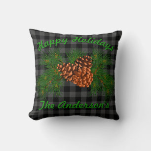 Classic black grey tartan plaid pattern pinecone  cushion