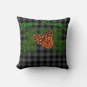 Classic black grey tartan plaid pattern pinecone cushion