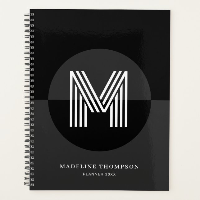 Classic Black Grey White Geometric Modern Monogram Planner (Front)