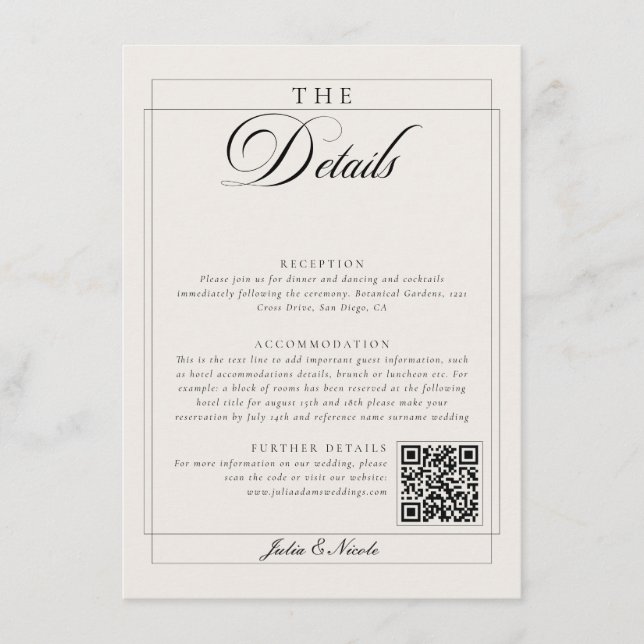 Classic Black Ivory Calligraphy QR Code Details Enclosure Card (Front)