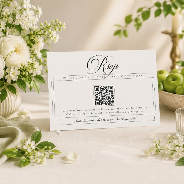 Classic Black Ivory Calligraphy QR Code Wedding RSVP Card (Creator Uploaded)