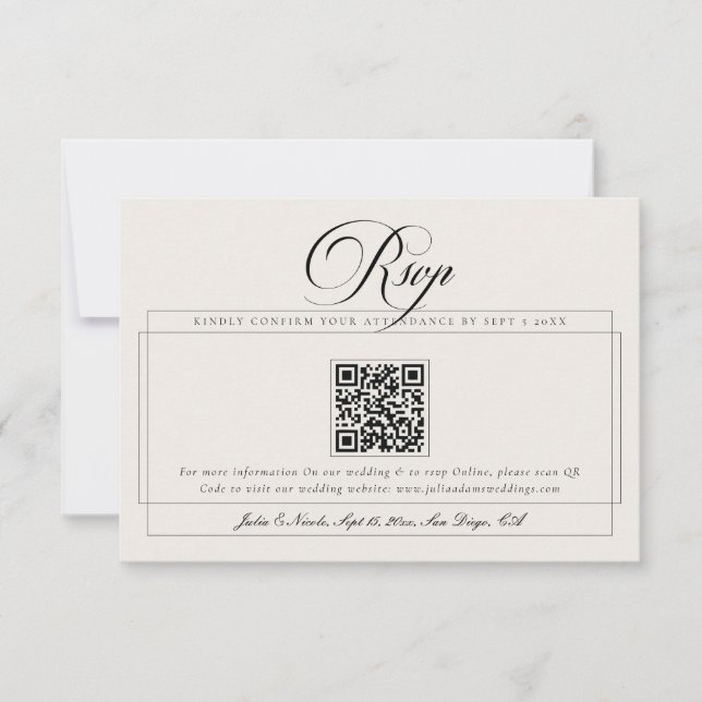 Classic Black Ivory Calligraphy QR Code Wedding RSVP Card (Front)