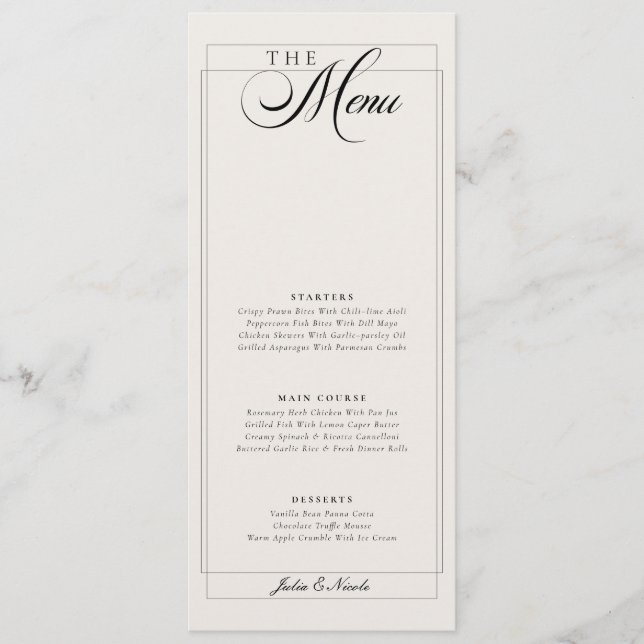 Classic Black Ivory Calligraphy Wedding Menu (Front)