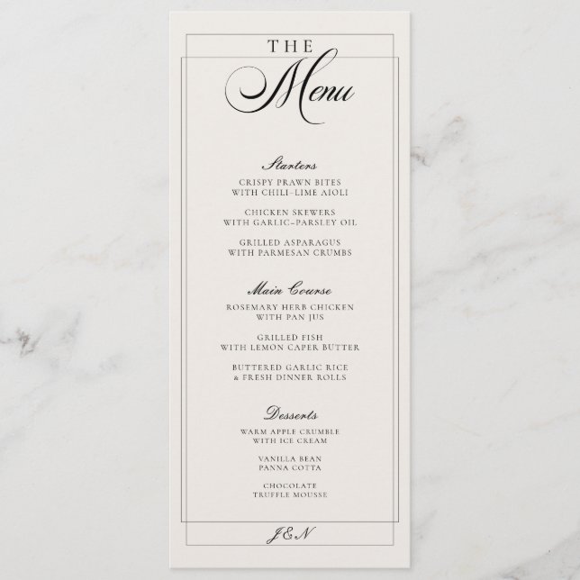 Classic Black Ivory Calligraphy Wedding Menu (Front)