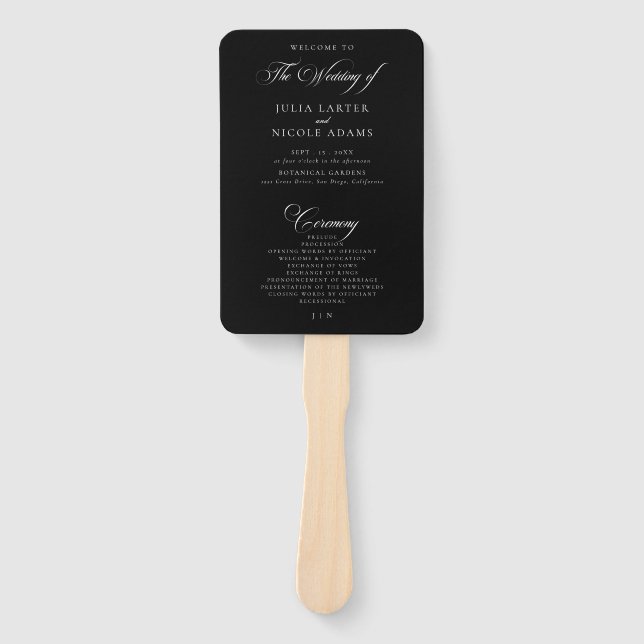 Classic Black Ivory Calligraphy Wedding Program Hand Fan (Front)