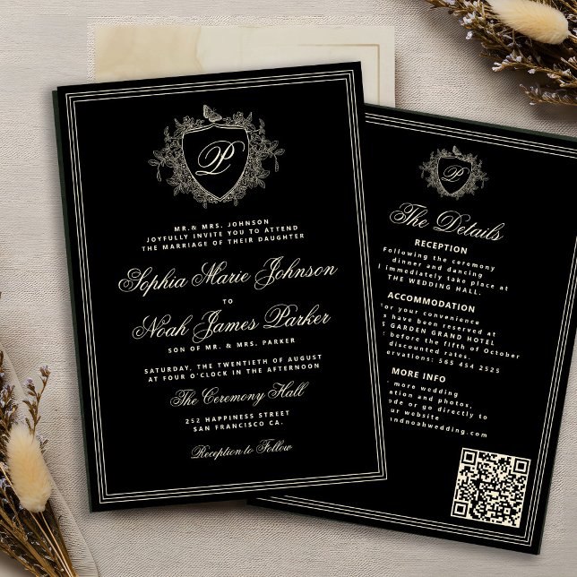 Classic black ivory QR formal monogram wedding  Invitation (Creator Uploaded)