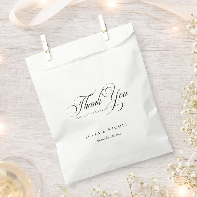 Classic Black Ivory Script Calligraphy Wedding Favour Bag (Clipped)