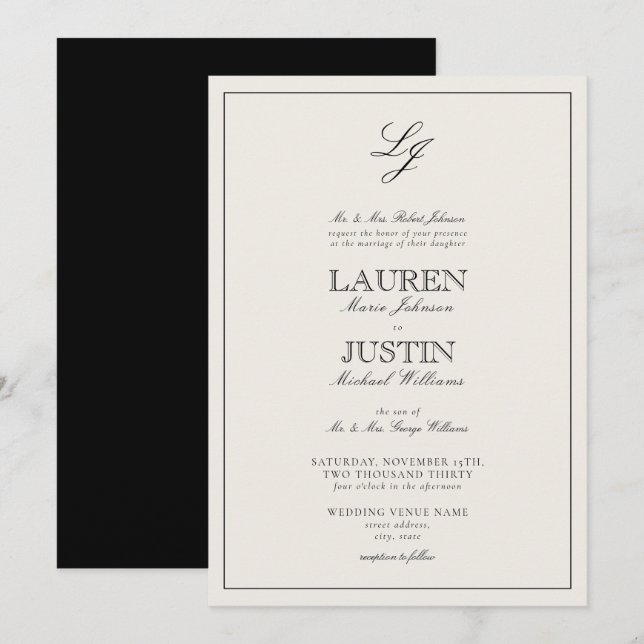 Classic Black & Ivory Script Monogram Wedding Invitation (Front/Back)
