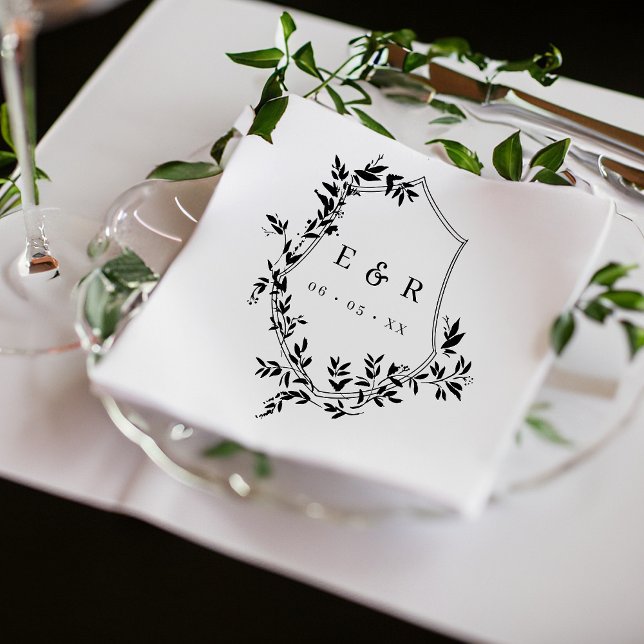 Classic Black Leafy Crest Wedding Monogram Napkin (Creator Uploaded)