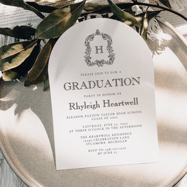 Classic Black Monogram Crest Arch Graduation Party Invitation (Creator Uploaded)