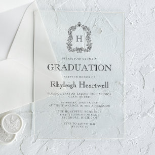 Classic Black Monogram Crest Graduation Party Acrylic Invitations
