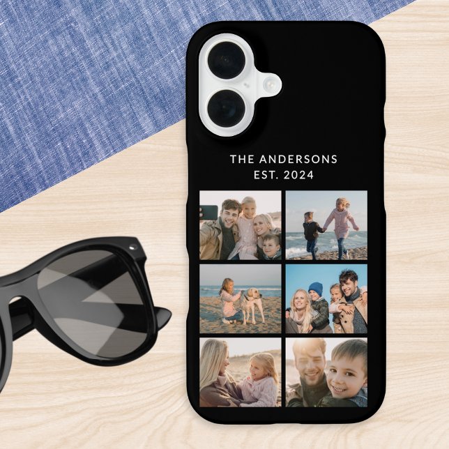 Classic Black Multi Photo Collage Personalised iPhone 16 Case (A phone cover with personalized name, year and 6 photo collage)