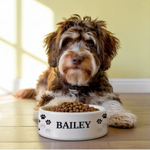 Classic Black Paw Print Personalised Pet Name Bowl
