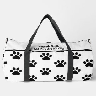 Classic Black Paw Print White Monogram Personalize Duffle Bag