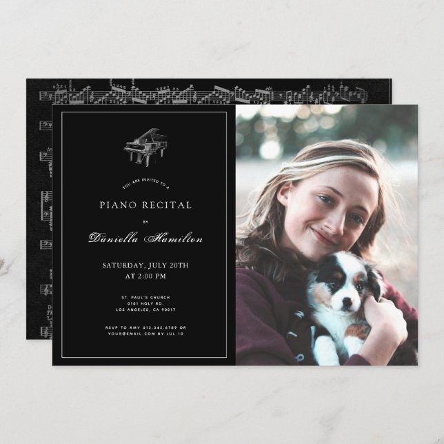 Classic Black Piano Recital Photo Invitation (Front/Back)